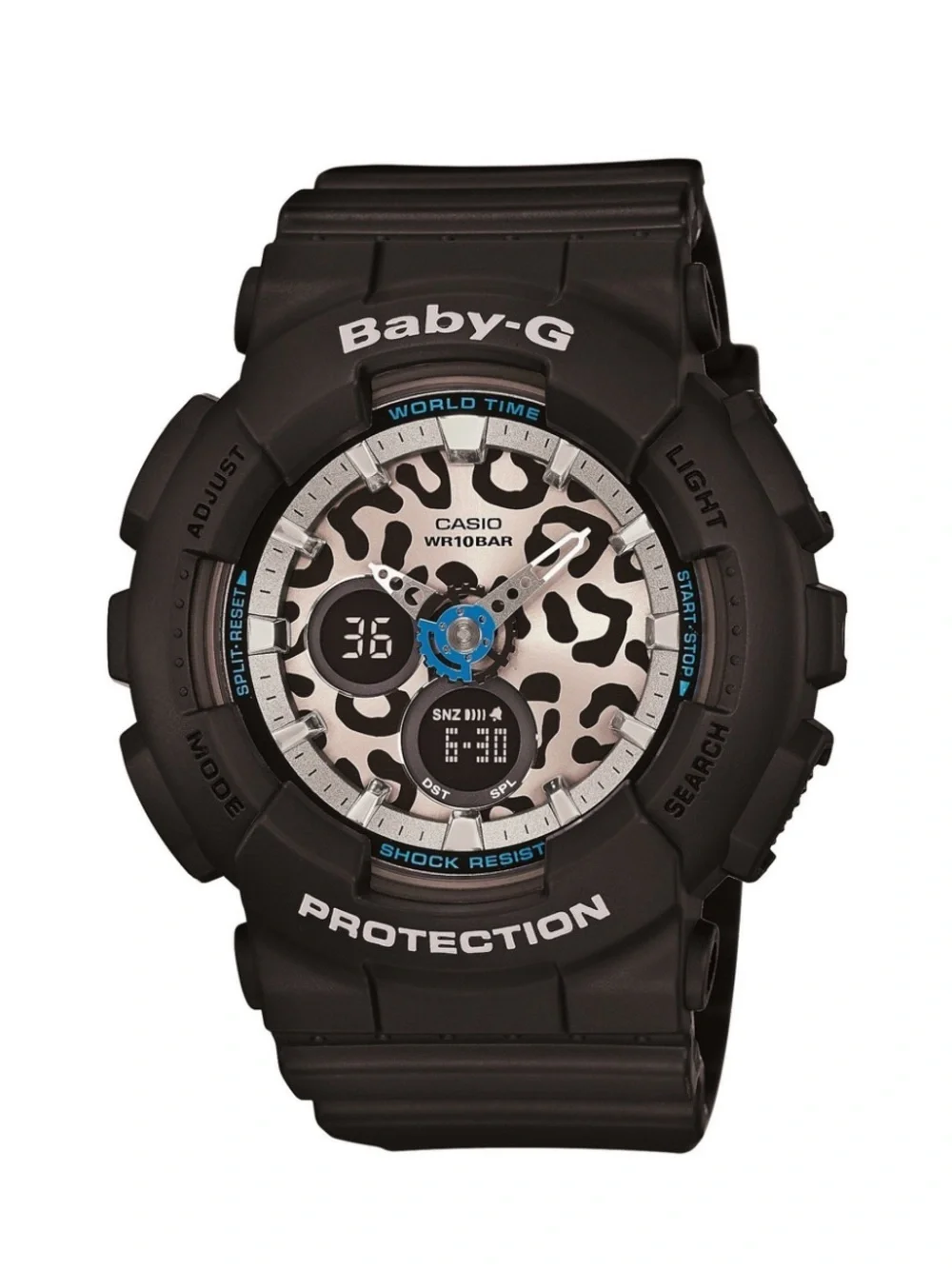 Casio Baby-G Black Watch with Cream Leopard Dial and Blue Accents